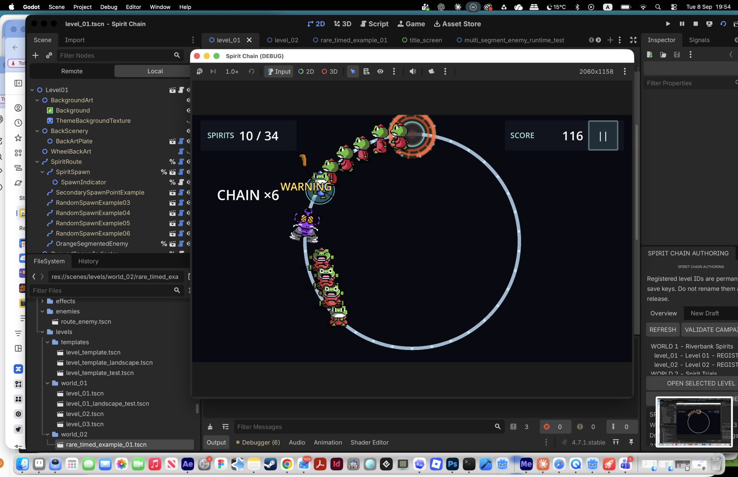 Spirit Chain gameplay showing warning states, the blue lead frog and the moving chain