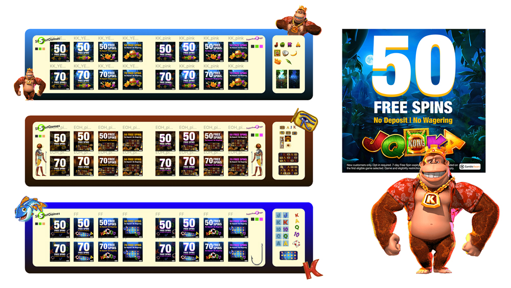 Character-led gaming creative presented across desktop and mobile devices