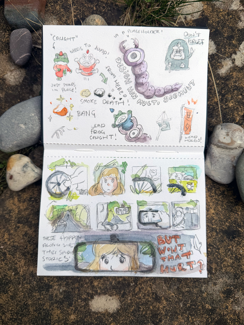 Spirit Chain sketchbook planning mechanics, enemies and environment ideas