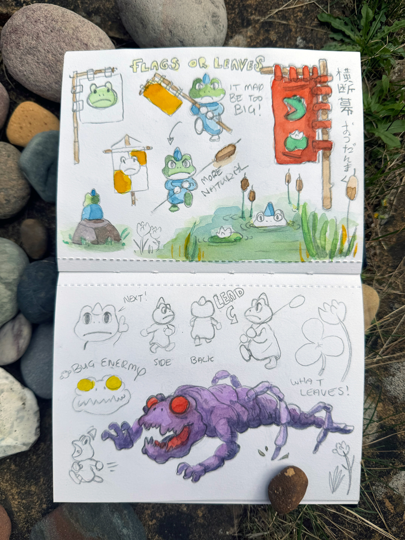 Spirit Chain sketchbook studies of frog characters, flags and enemies