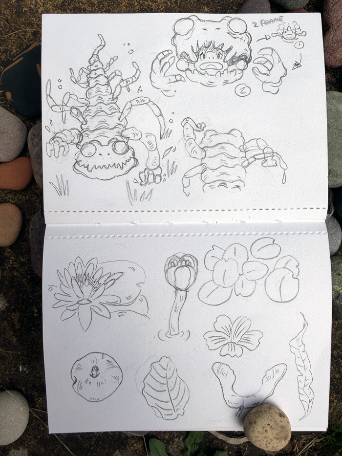 Spirit Chain sketches exploring enemies, frogs and plant life