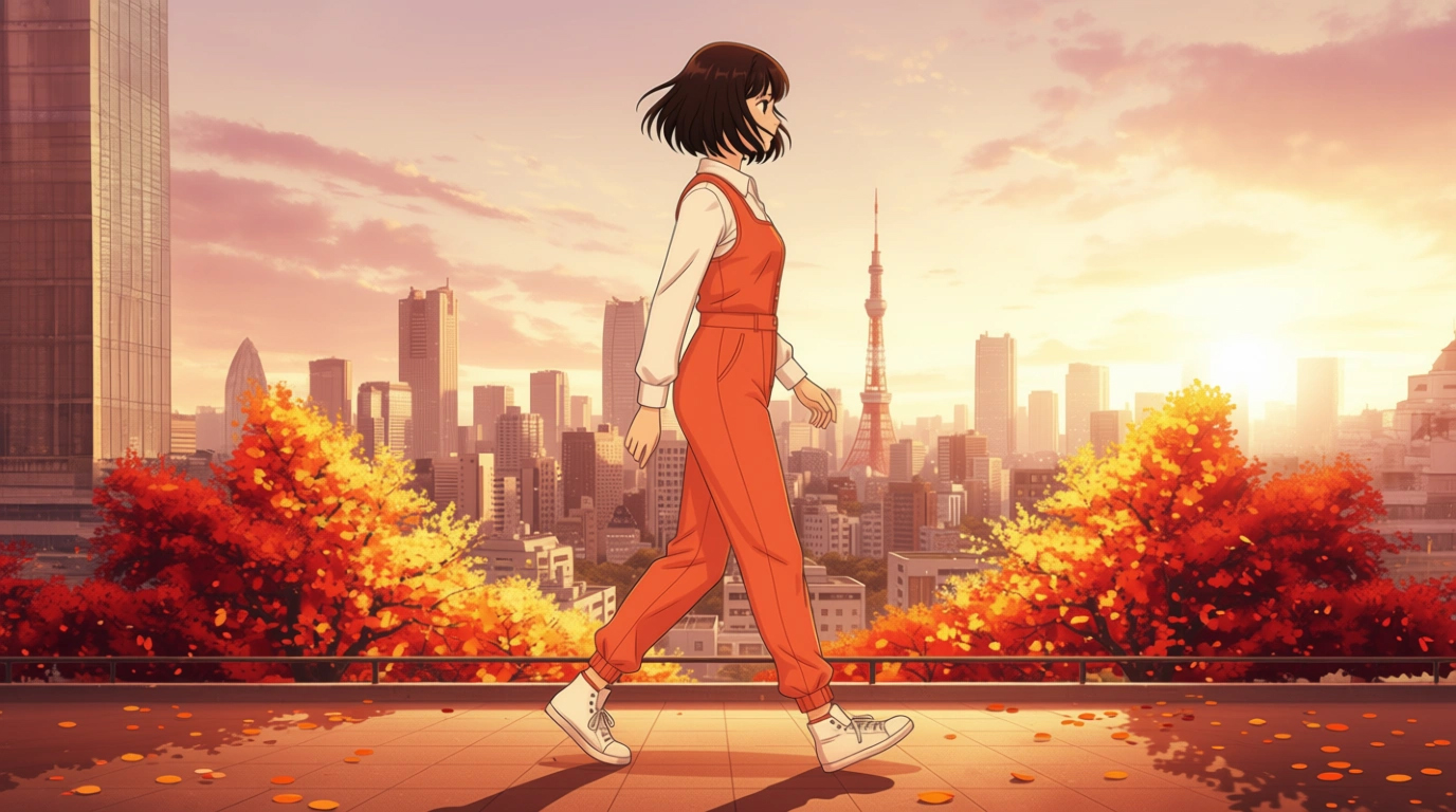 Tokyo Talk Club host walking above the Tokyo skyline at sunset