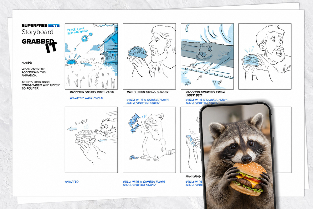 Super Free Bets Grabbed It storyboard with annotated frames and mobile campaign presentation
