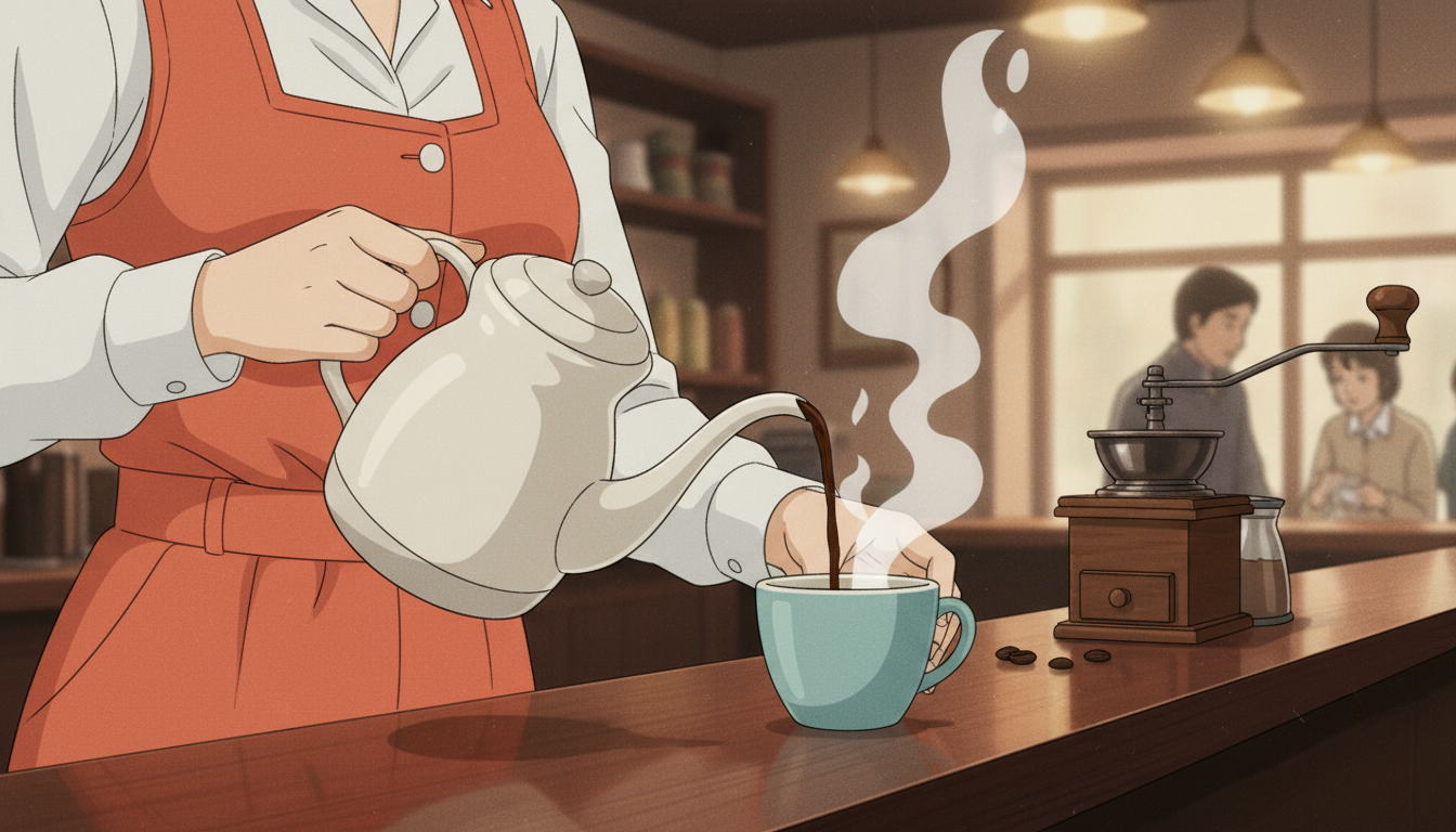 Tokyo Talk Club host pouring coffee in a quiet cafe