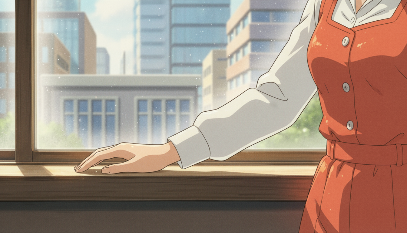 Close character detail beside a softly lit Tokyo window