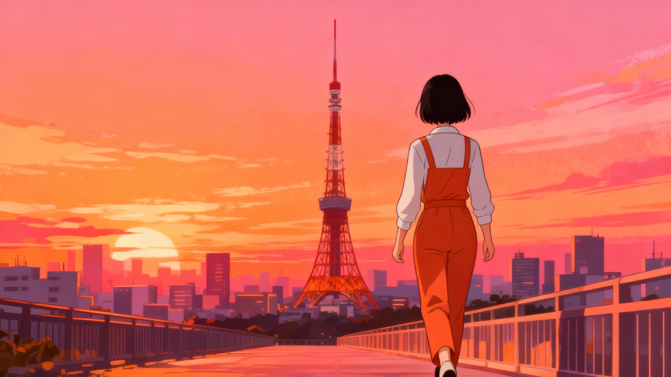 Tokyo Talk Club host walking toward Tokyo Tower at sunset