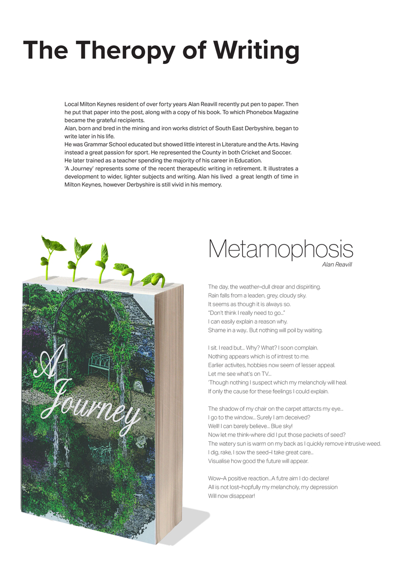 The Therapy of Writing editorial page with book artwork and poem