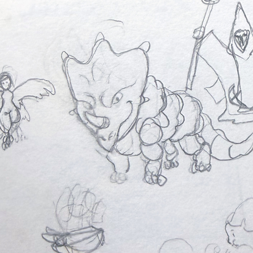 Sketchbook page with character notes and drawings