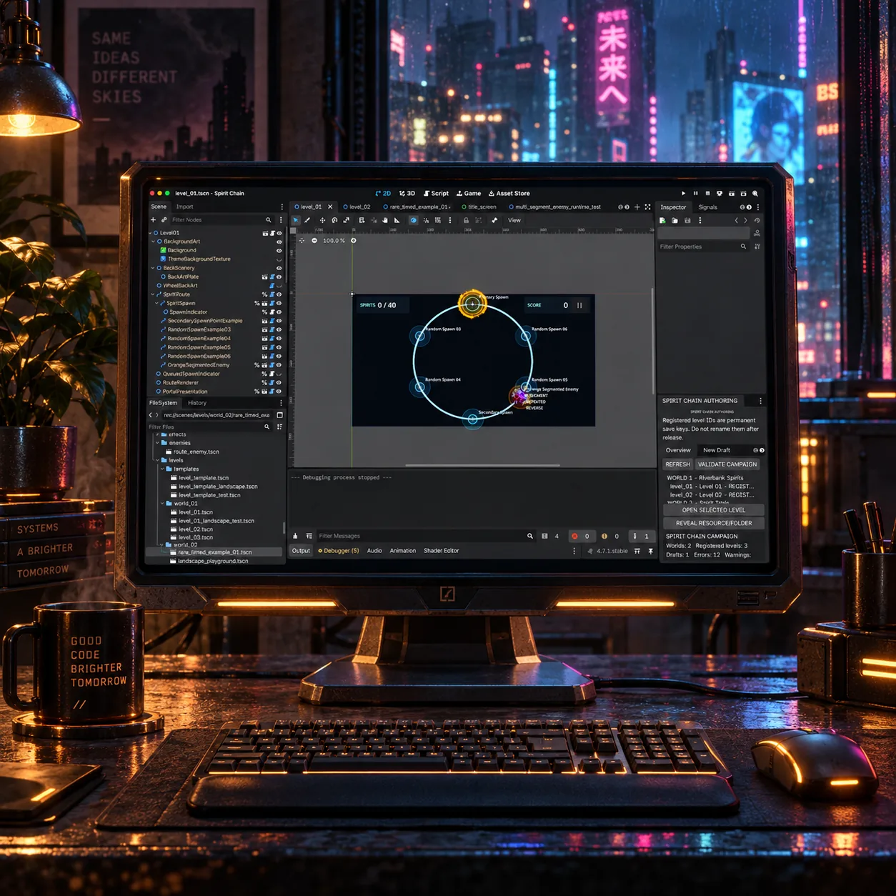 Cyberpunk pixel art from the Spirit Chain game project