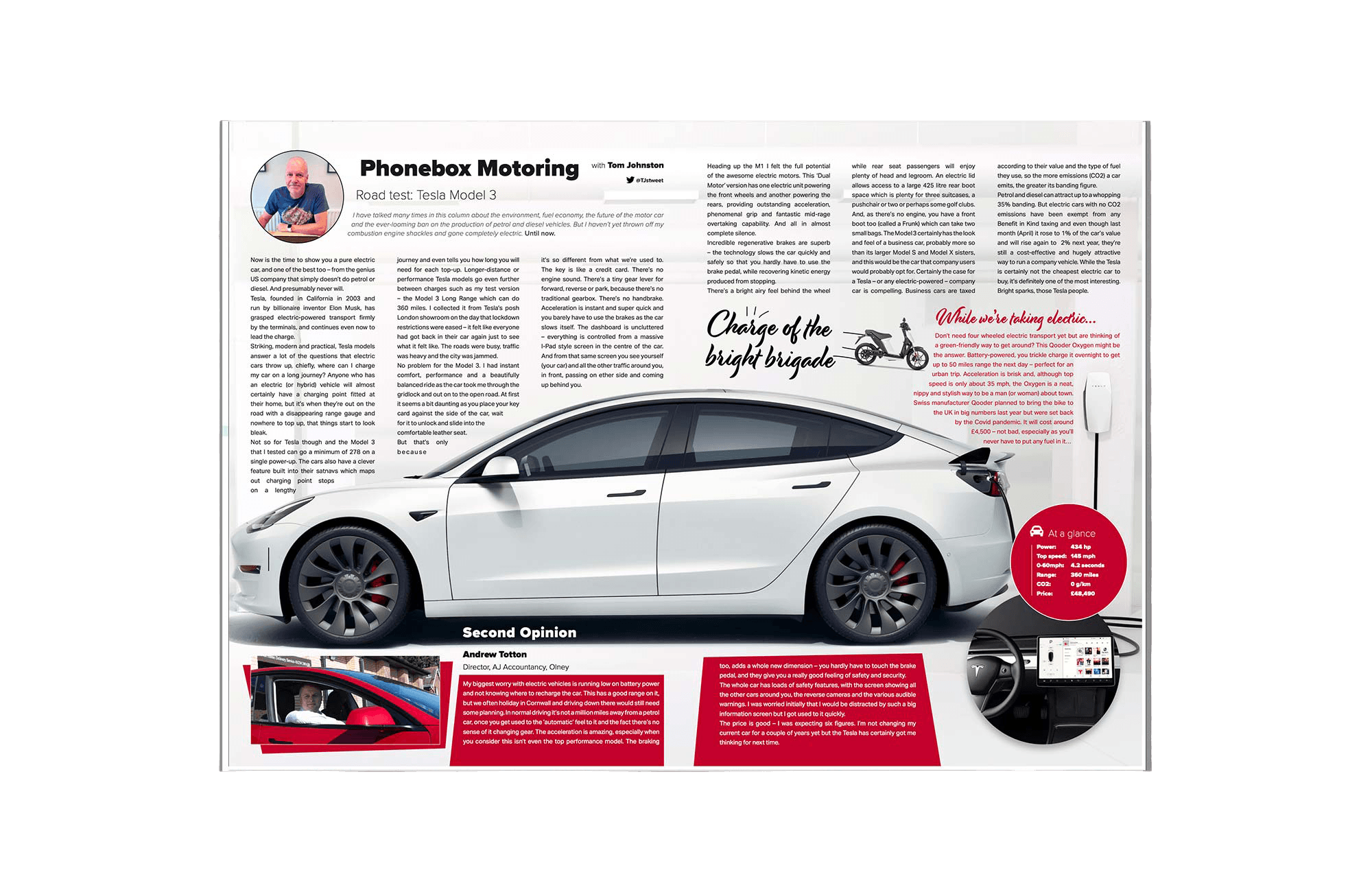 Phonebox Motoring editorial spread featuring a Tesla Model 3