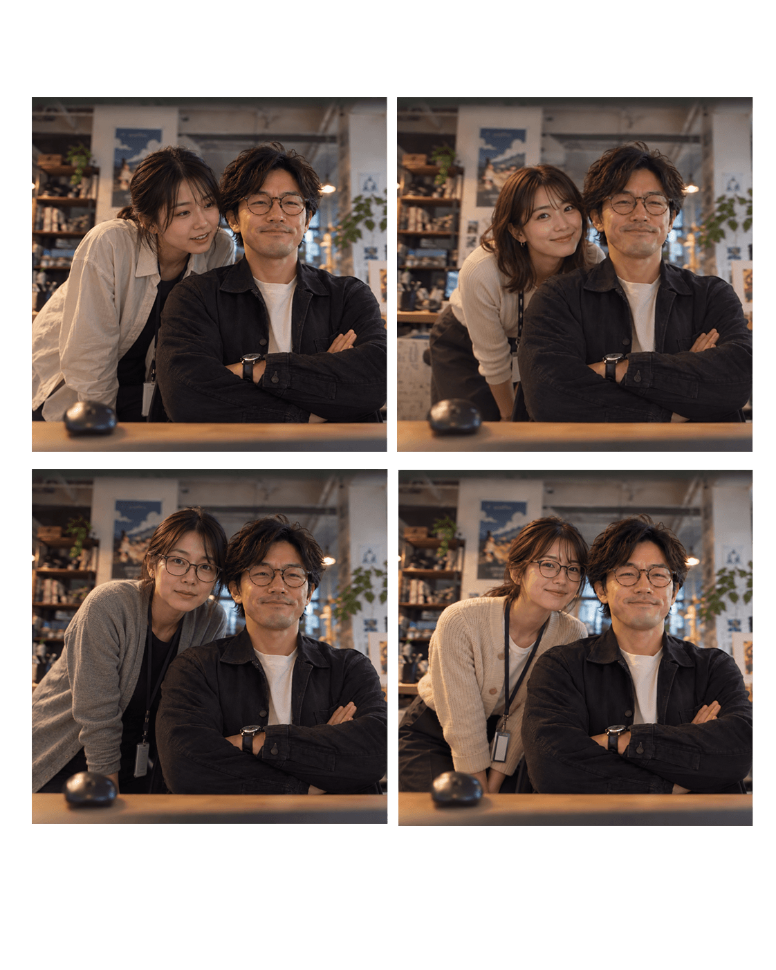 Four visual development iterations refining the two office characters