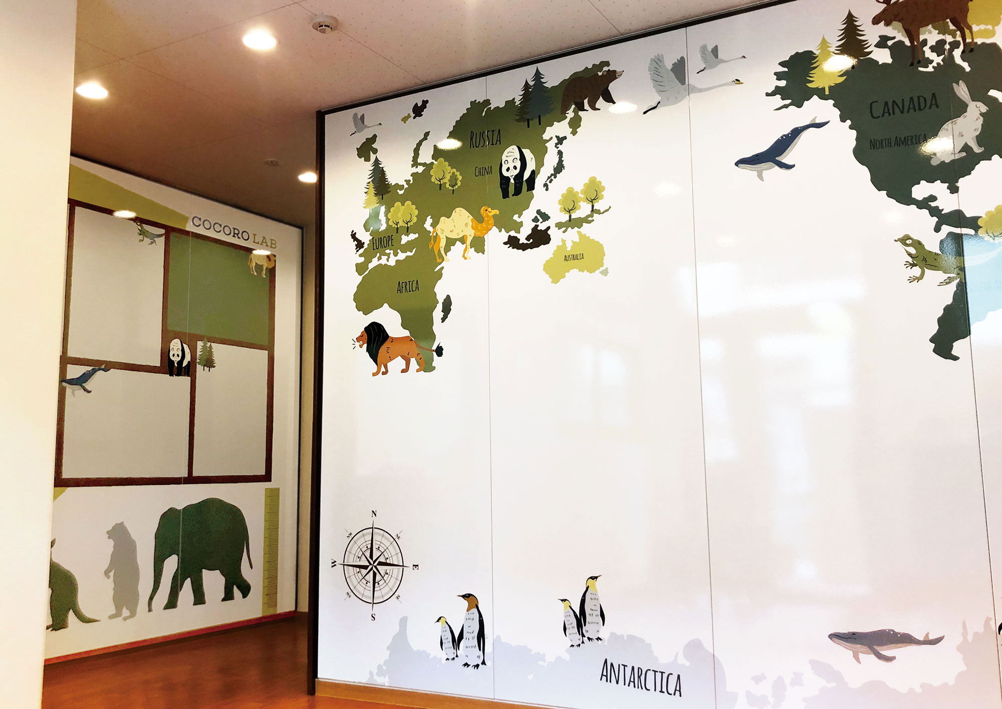 Close view of the Cocoro Lab world map installation