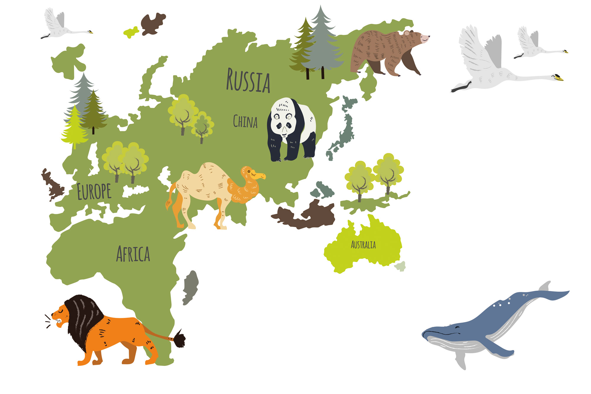 Illustrated map of Europe, Africa, Asia and Australia with animals