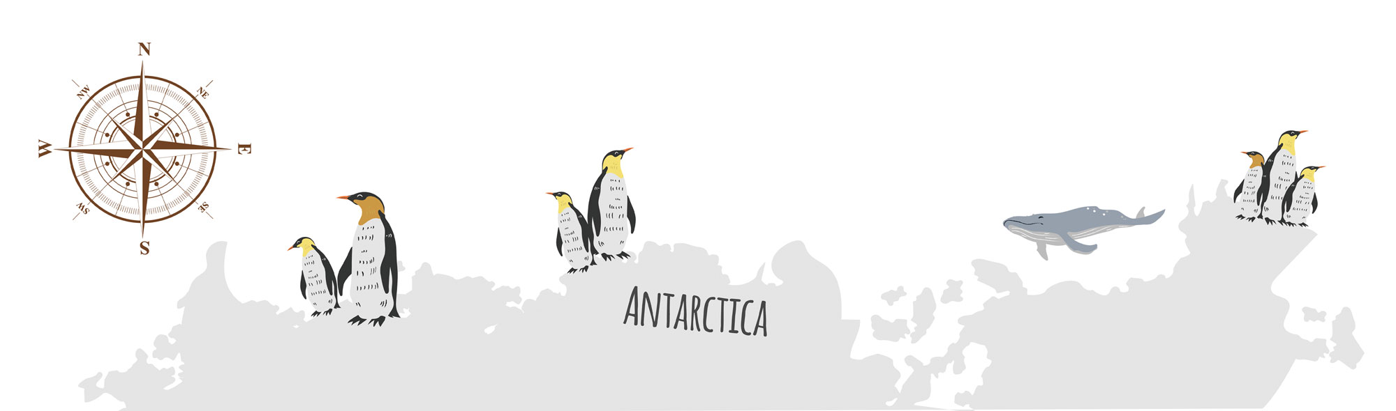 Wide Antarctica illustration with compass, penguins and whales