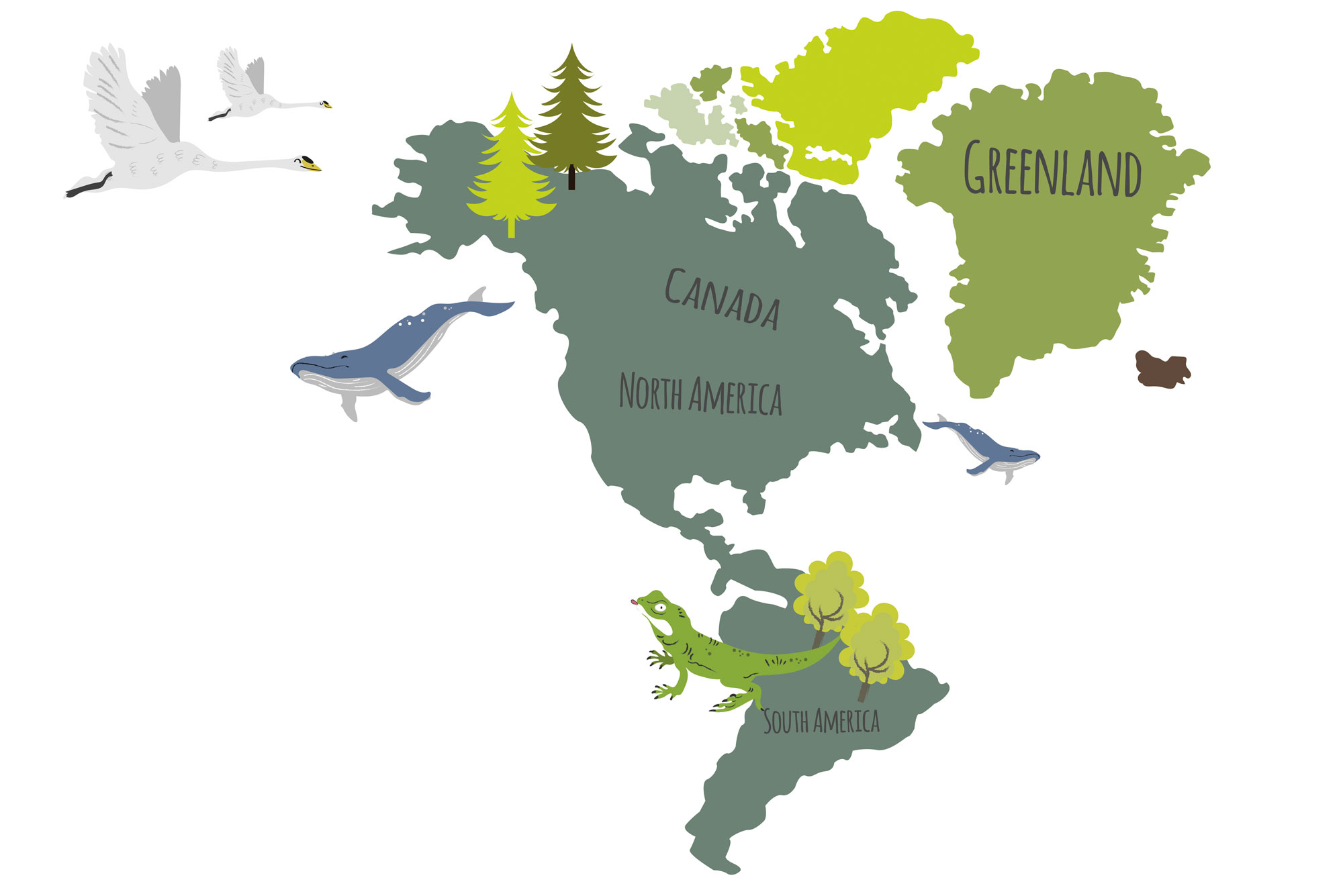 Illustrated map of the Americas with native animals