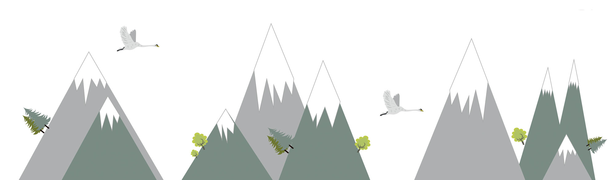 Panoramic mountain and flying swan illustration