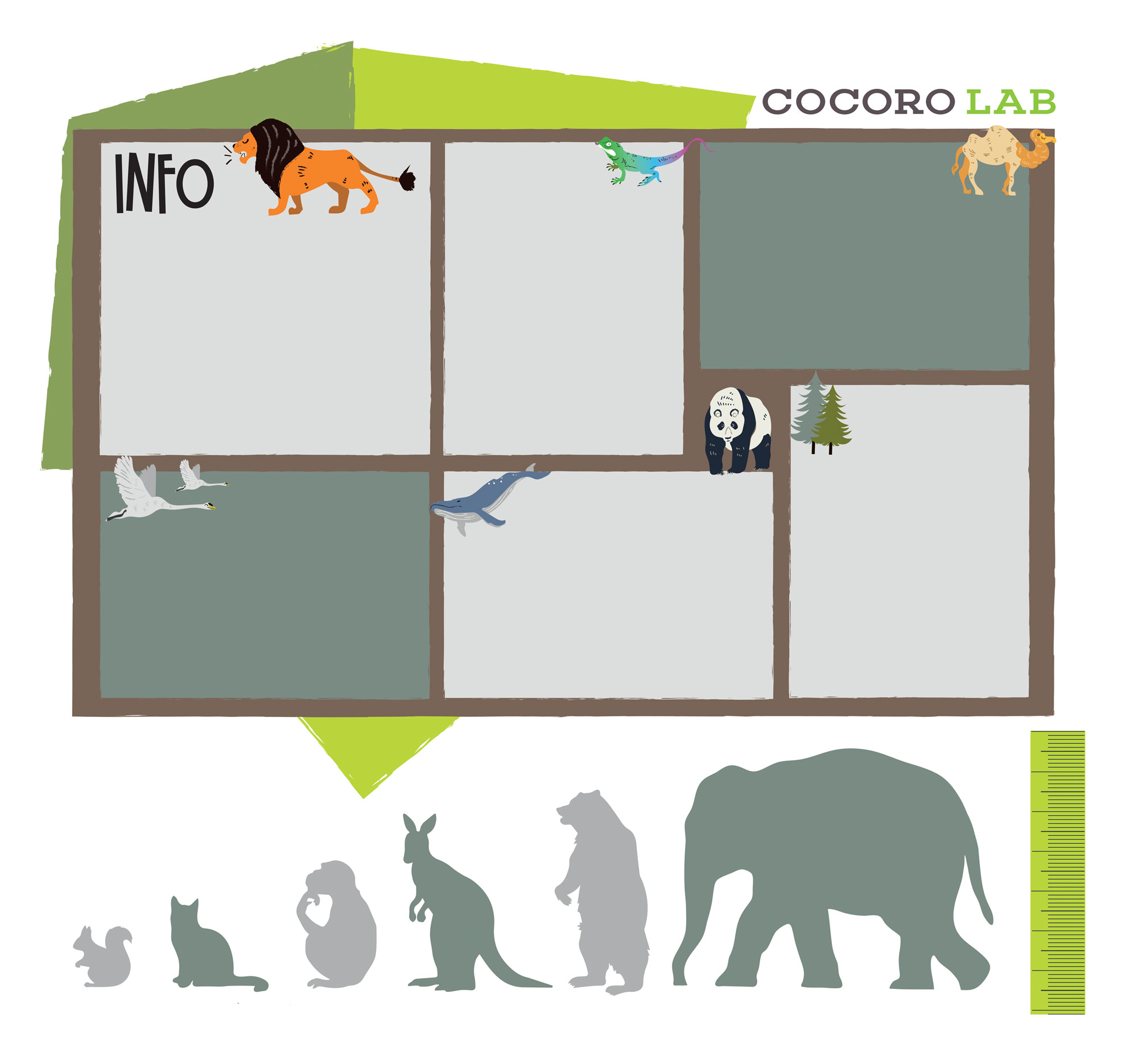 Cocoro Lab noticeboard and animal height-chart artwork