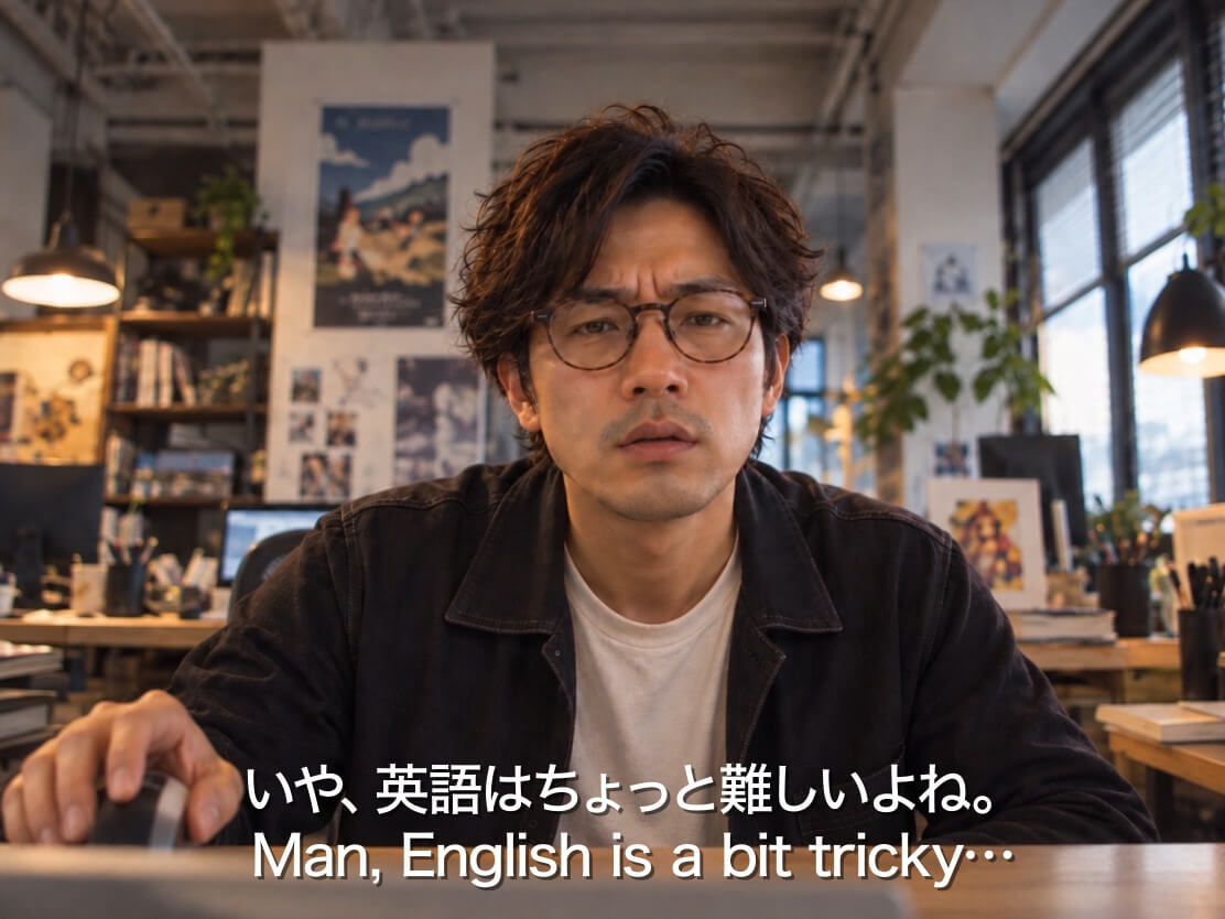 Japanese Commercial still of an office worker reacting at his desk