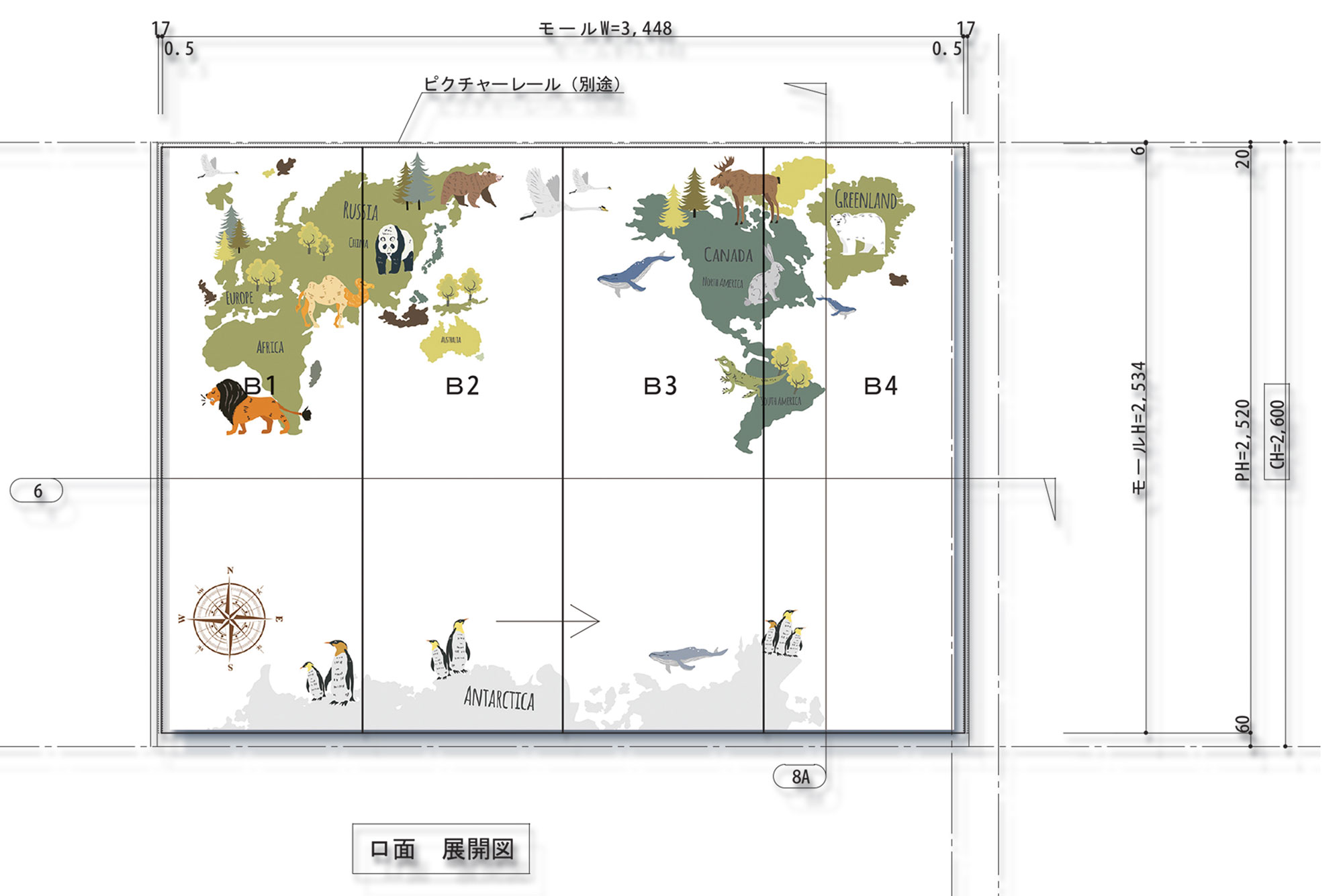Scaled wall elevation showing the illustrated world map layout